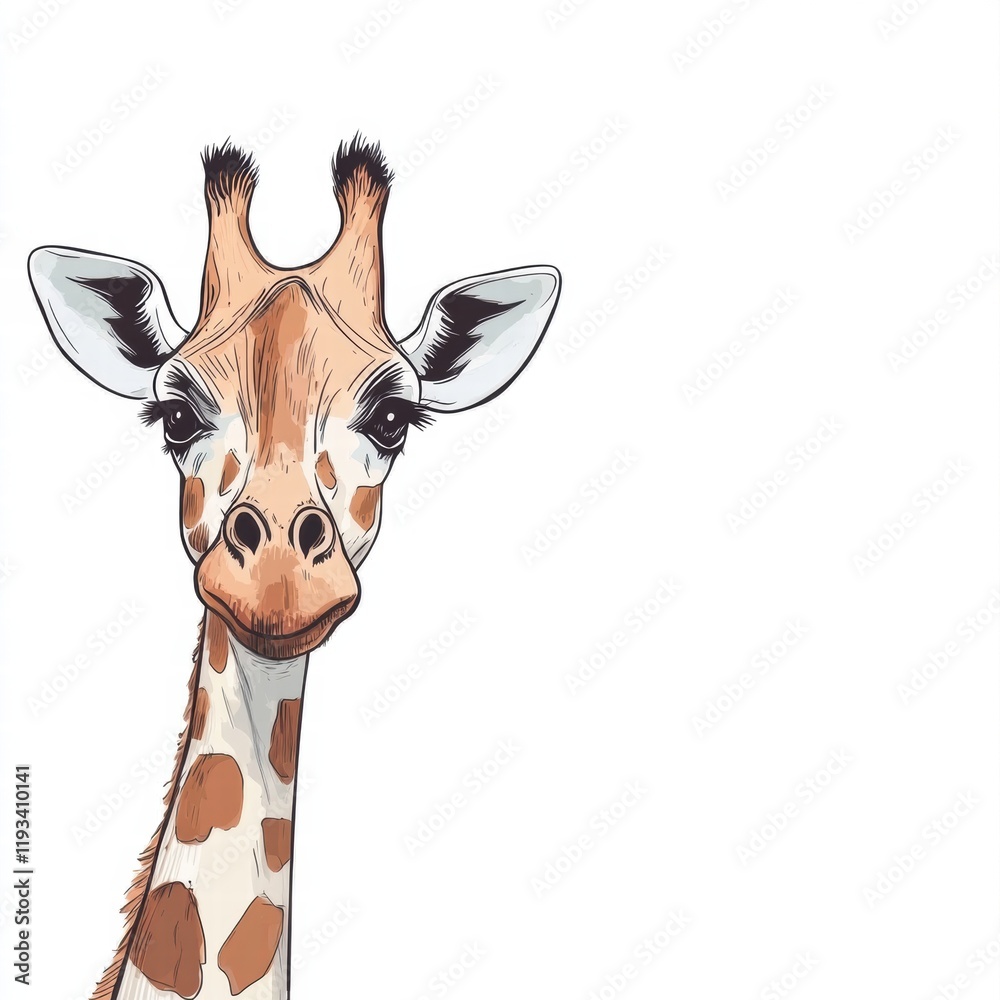 Poster colorful illustrated giraffe portrait with detailed facial features and distinctive patterns in a mi