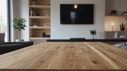  Empty wood table top on Scandinavian living room with a blurred background. The focus is on the table surface.