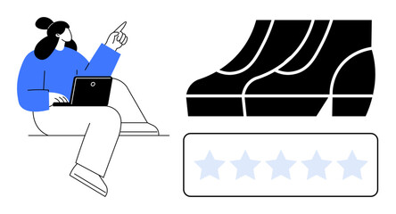 Woman pointing while using a laptop, showcasing product review with five-star rating system. Ideal for customer feedback, product evaluation, e-commerce, digital reviews, quality control, consumer