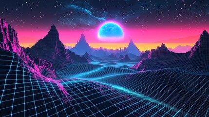 Futuristic Landscape with Neon Mountains and Vibrant Gradient Sky at Dusk, Featuring a Large Celestial Body and Digital Grid in a Surreal Realm
