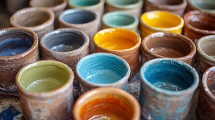 Colorful Pottery Bowls Filled With Paint