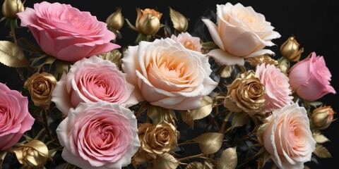 A stunning arrangement of roses in shades of pink and white on a rich black background with metallic gold accents, ornate, fabric