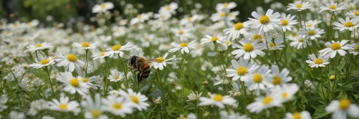 Obraz premium A striped bee sits serenely amidst a sea of white wildflowers swaying gently in the breeze, white flowers, insect behavior