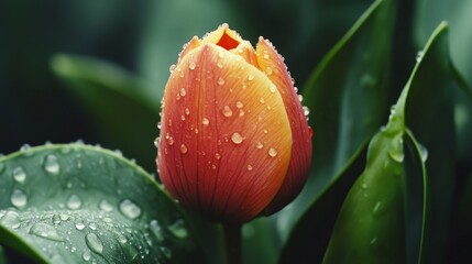 Dewy Orange Tulip Bloom Surrounded by Green Leaves in Garden