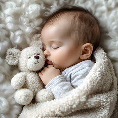 Sweet dreams! A peaceful baby soundly asleep, cuddled with a plush toy. Pure innocence and tranquility captured in this heartwarming image.