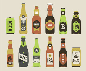 Beer Bottles And Tin Cans Illustration Set