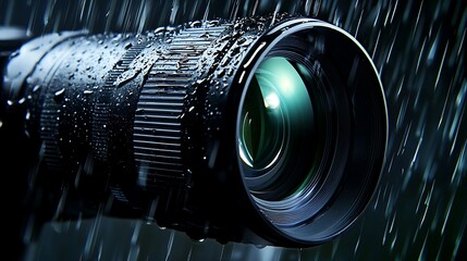 Close-up of a camera lens with raindrops, capturing the essence of photography in nature