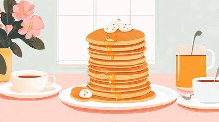 A clean pancake breakfast fundraiser with stacks of pancakes, syrup, and coffee