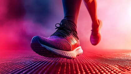 Close-up of a runner's shoe on a track against a red-purple background