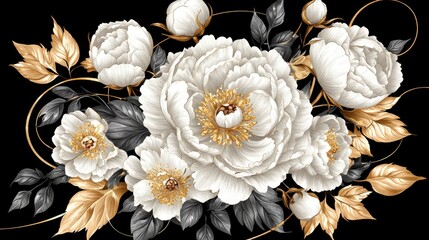 Elegant White Flowers with Gold Accents on a Dark Background