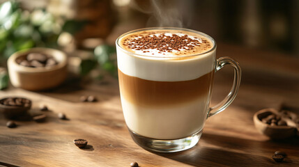 A warm cappuccino with a layer of frothy milk, topped with a delicate sprinkle of cocoa powder, placed on a wooden table.