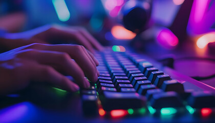 Closeup of an adult Asian male and female freelancer typing AI bot prompts, smart IT apps, and video game terminals with coding language on a user interface in a big data center desktop computer