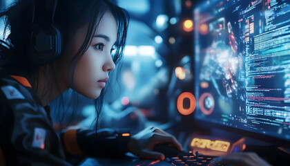 Closeup of an adult Asian male and female freelancer typing AI bot prompts, smart IT apps, and video game terminals with coding language on a user interface in a big data center desktop computer