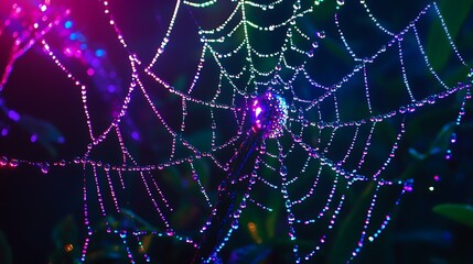 Close-up of a colorful spider web adorned with dew drops, illuminated by vibrant lights at night