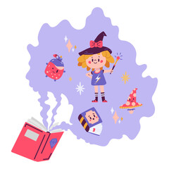 Story book with imagined magical world in it flat vector illustration isolated on white. Fantasy characters flying near open book concept.