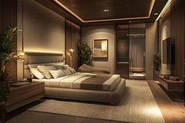 A luxurious hotel room exuding elegance and comfort, perfect for an indulgent stay