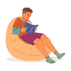 Teen boy reading a book sitting in a bean bag chair flat vector illustration isolated on white.