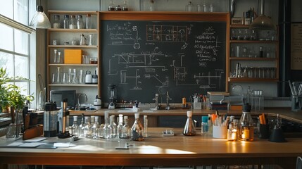 A clean physics classroom with neatly labeled diagrams and lab equipment