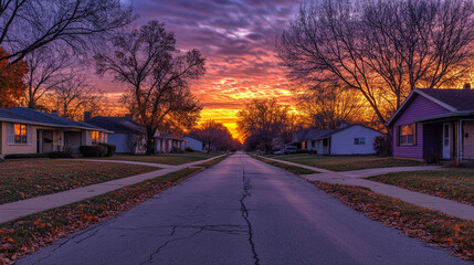 Obraz premium A suburban atmosphere little town evening sunset quiet street