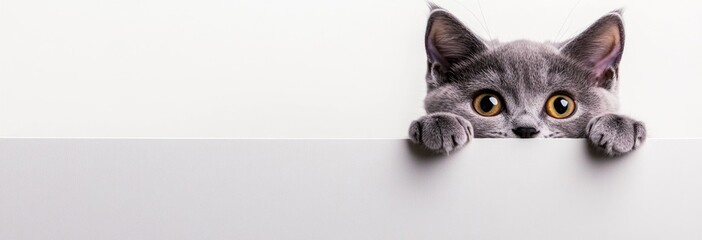 Naklejka premium A playful gray cat with large yellow eyes is peeking over a white surface. The bright background highlights the cat's features, creating a charming and amusing moment.