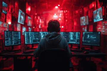mysterious figure wearing a dark hoodie intensely types on multiple glowing screens, the dim room pulsating with vivid red light, creating an enigmatic atmosphere