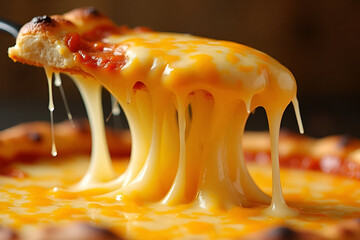 A dynamic shot of melted mozzarella or cheddar being pulled apart, with gooey, stretchy strands creating a textured effect