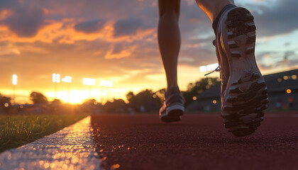 Close-up of runner's shoes on track at sunset, with stadium lights in the background. Captured from behind, focusing on the feet and athletic gear of a sprinter racing towards victory.