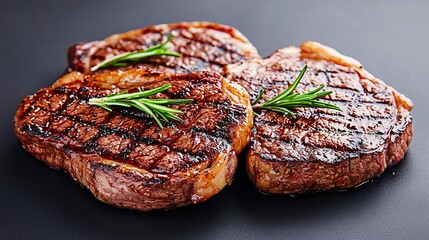 Obraz premium Three grilled steaks with rosemary sprigs on a dark background.