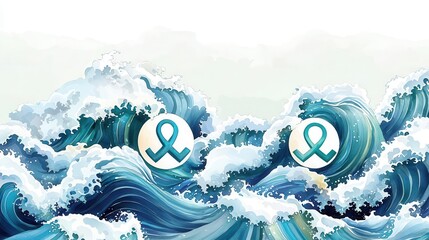 Dynamic ocean waves with teal ribbons reflecting awareness.