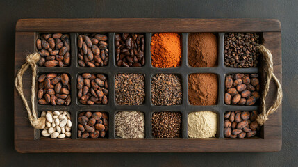 A wooden tray with an assortment of cocoa beans and cocoa powder, arranged artistically to showcase their textures and natural hues.