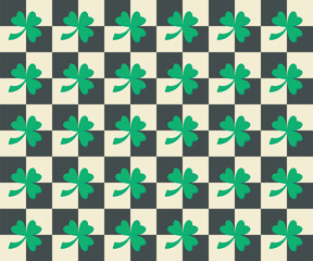 Irish clover checkered seamless pattern. Tree leaves traditional symbol of good luck, fortune. St. Patricks spring Celtic culture celebration. Cute vector illustration background