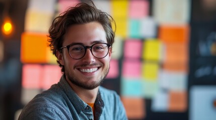Fototapeta premium Happy Young Man Smiling Against Colorful Background