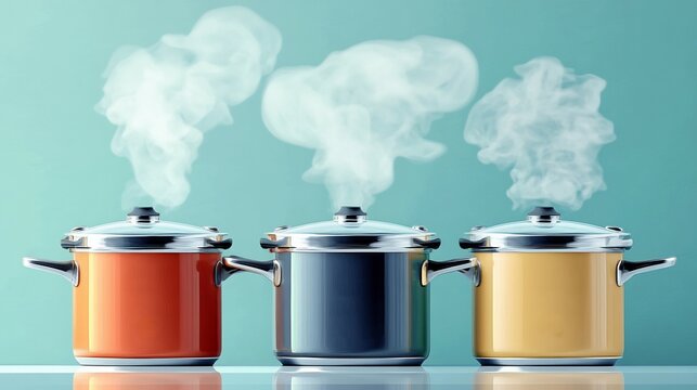 Symbolic illustration of pressure cookers highlighting steaming pots delicious aromas