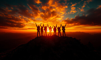 Dramatic silhouette image of business professionals in formal attire on mountaintop at sunrise sunset, marking achievement of new professional heights business goal success.