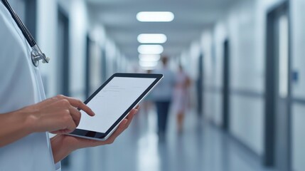 Medical Professional Using Digital Tablet in Hospital Corridor, Engaging with Patient Care Data and Enhancing Workflow Efficiency in Modern Healthcare Environment