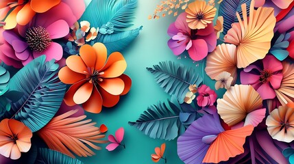 Vibrant Tropical Flowers and Lush Paper Leaves Design