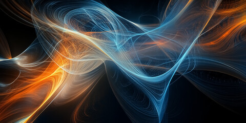 Obraz premium A vibrant abstract design with interconnected glowing nodes and lines forming a dynamic web, transitioning colors from blue to orange, high-tech and futuristic digital theme on a black background,