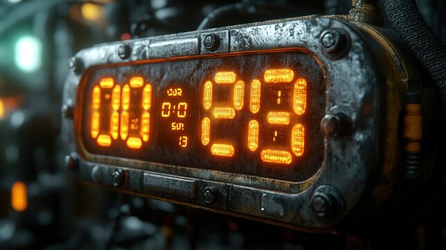 Close-up of a vintage digital timer displaying 129 seconds amidst industrial machinery in a workshop
