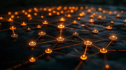 A network visualization with floating particles connected by glowing lines and pathways symbolizing intricate dependencies and fictional digital relationships