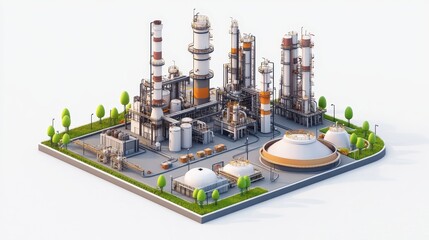 Industrial oil and gas refinery estate isolated on white background. Used for energy and petroleum industry.