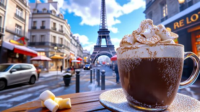 A cozy cup of hot chocolate topped with whipped cream, set against a Parisian backdrop.