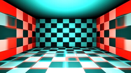 Vibrant Checkered Room with Geometric Patterns - Ideal for Artistic Backgrounds or Visual Effects
