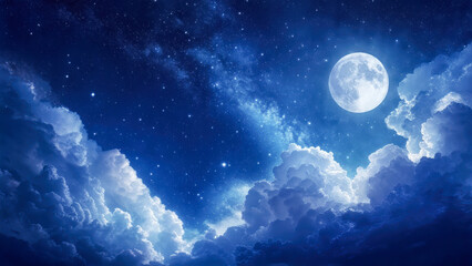 Night sky illuminated by a full moon surrounded by soft clouds and twinkling stars over a tranquil landscape, creating a serene and captivating atmosphere for stargazing