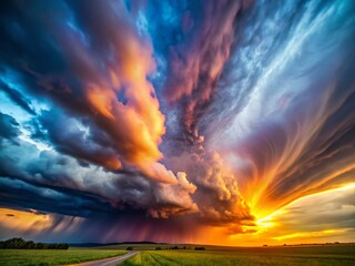 Obraz premium Dramatic Sun and Clouds Time-Lapse: Thunderstorm Formation, Long Exposure Photography