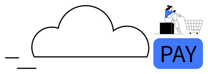 Cloud outline connected to large PAY button with shopping cart icon and person. Ideal for online transactions, e-commerce, digital payments, cloud services, technology integration, financial