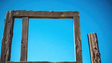 Obraz premium Rustic Wooden Frame Against a Vivid Azure Sky A Simple, Weathered Structure