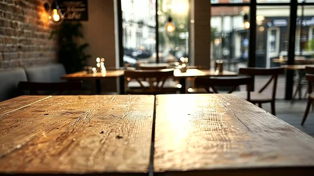 Aged Wooden Table in Cozy Vintage Cafe Setting