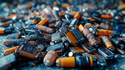 A pile of used AA, AAA, and other battery types scattered on a surface, with a focus on their worn-out appearance, symbolizing the growing issue of battery waste and the need for effective recycling
