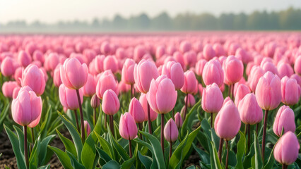 Vibrant pink tulip field blooms in spring sunlight, showcasing nature's beauty and tranquility in a rural landscape at dawn