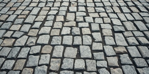 A Textured Perspective of a Cobblestone Road Surface Featuring Irregularly Shaped Grey Stones Set in Dark Aggregate